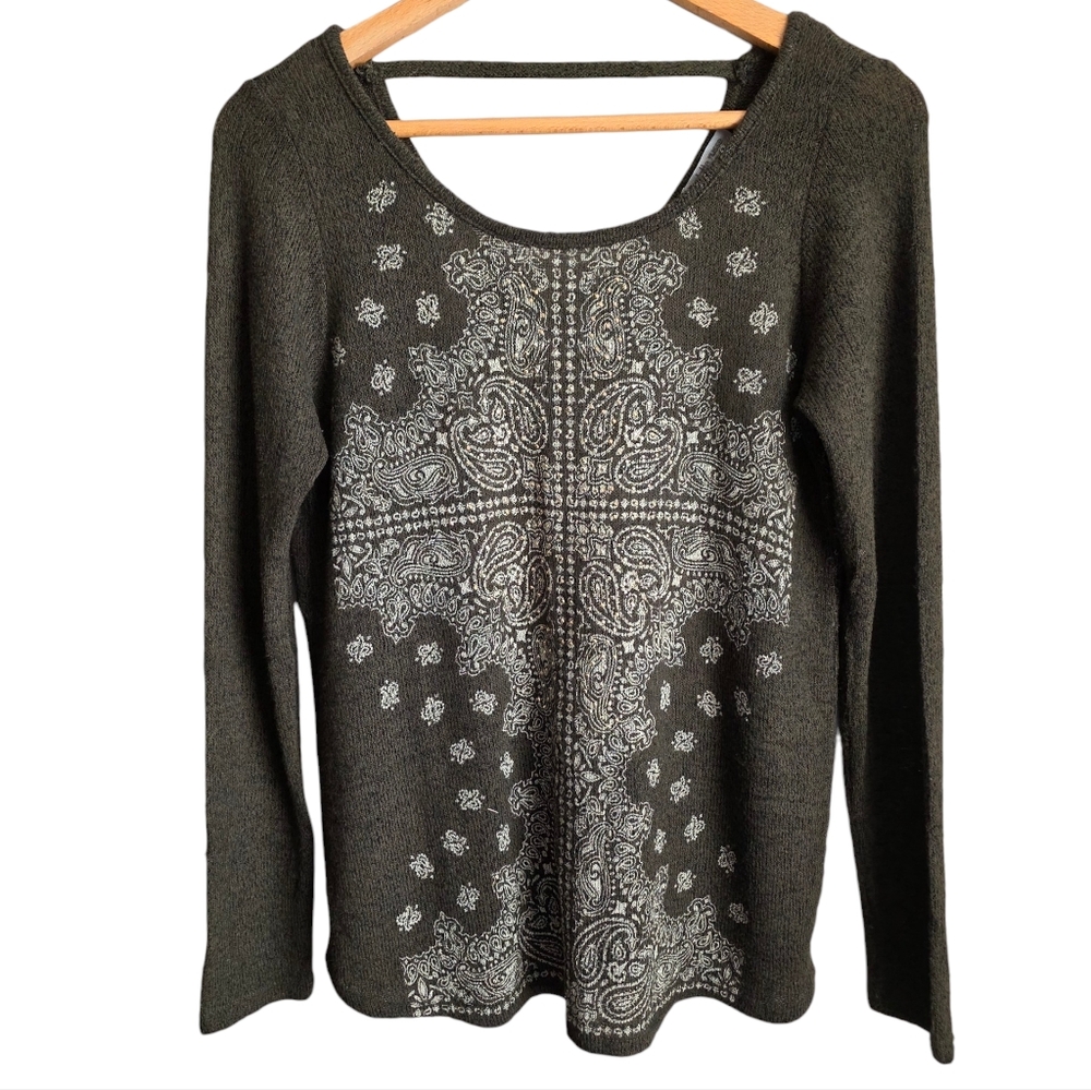 Charlotte Russe Olive Green Knit Sweater With Paisley And Rhinstone Design Large